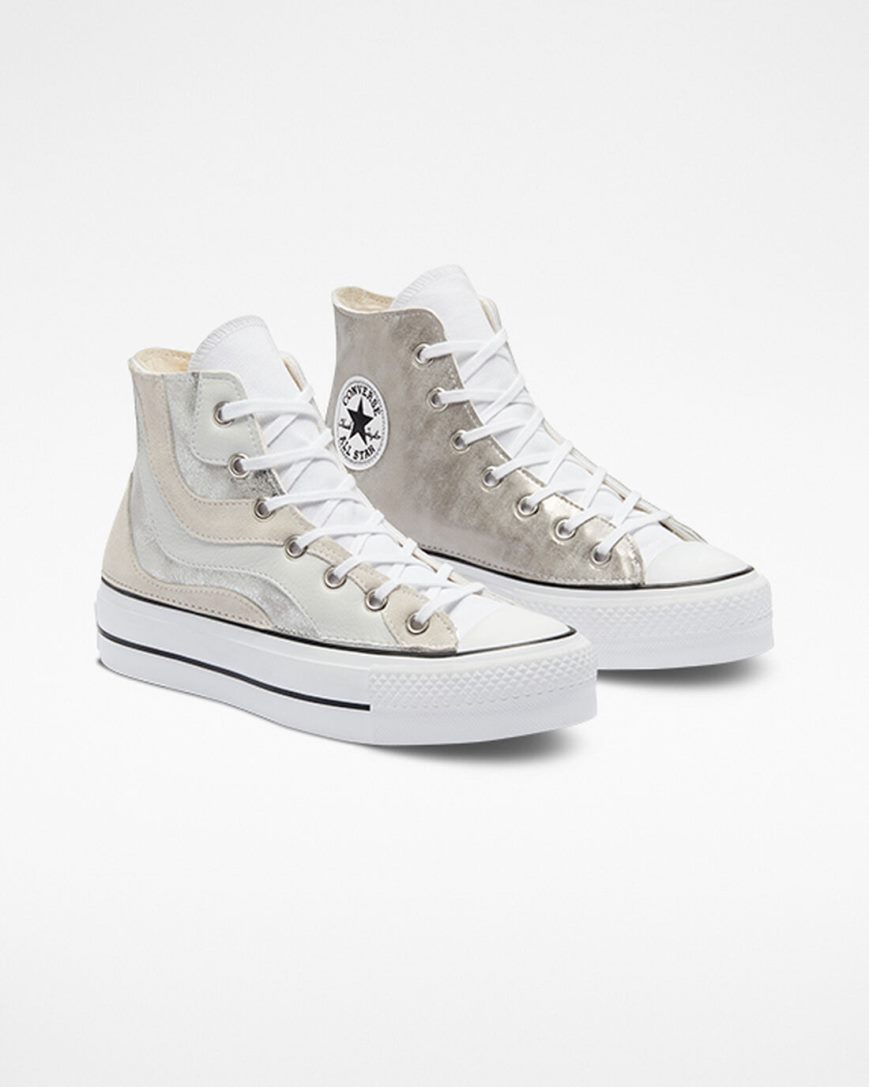 Dámské Boty Na Platformy Converse Chuck Taylor All Star Lift Metallic Wave Vysoké Bílé | CZ TOUM04